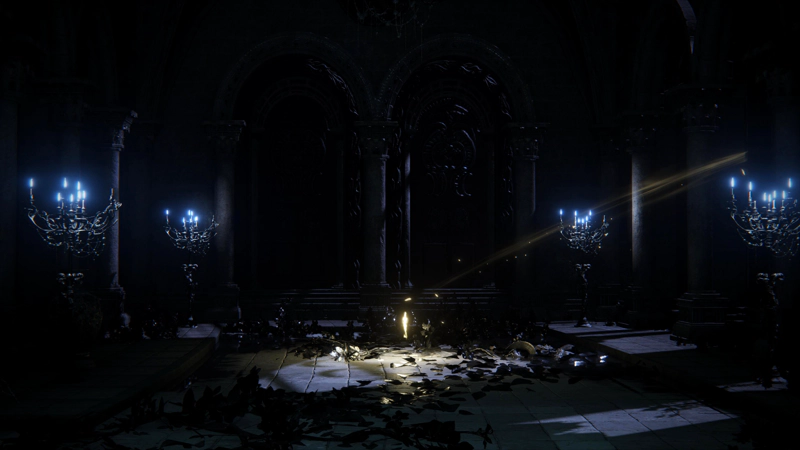 A shining shard of grace in a dark chamber lit only by white candles atop ornate candlesticks. The floor is scattered with fallen leaves, and an arc of golden light sweeps to the right.