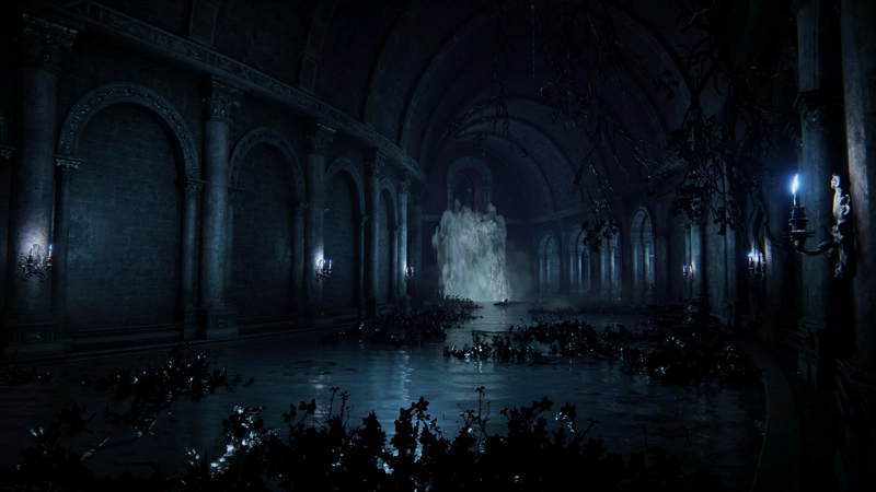 A wide, curving passageway lit by white candles on ornate sconces. The floor is a shallow river, with dimly-lit vegetation growing from the water, and at the far end an artificial waterfall plunges from an archway near the ceiling.