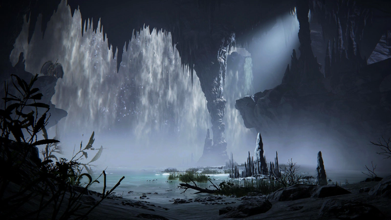 A vast cavern, most of which is taken up with a shallow subterranean lake, fed by a thunderous waterfall. A shaft of moonlight fills the room, lighting one side of a large eroded pillar partially obscured by mist. Green vegetation frames the foreground of the image, and in the top-left corner, a gargoyle perches on a cliff-edge, ready to leap to the fight.