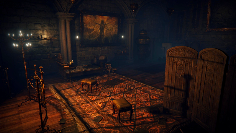 Fia's bedchamber, empty of life. The room is lit with warm firelight, her bed abandoned, but otherwise relatively tidy.