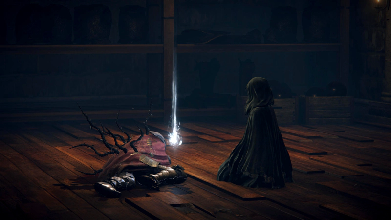 Fia, a woman in black robes, kneels on an uneven wooden floor over the body of D, a warrior in gold and silver armour with a red cloak. Black vines are growing from his back, and a piercing white orb shines before him. We cannot see Fia's face.