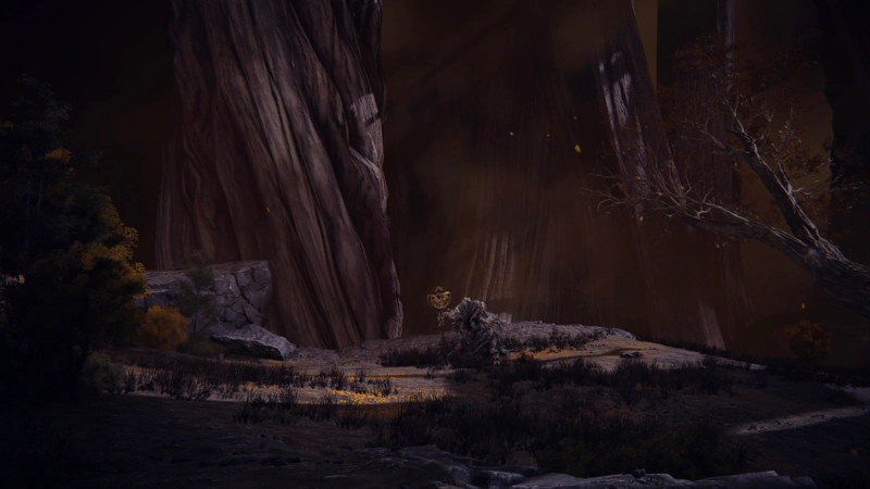 A rocky clearing in an underground forest of vast tree roots and small golden-leaved trees. A shaft of sunlight picks out dark grasses, guarded by a tree avatar, a wooden tree-trunk figure carrying a large golden hammer.