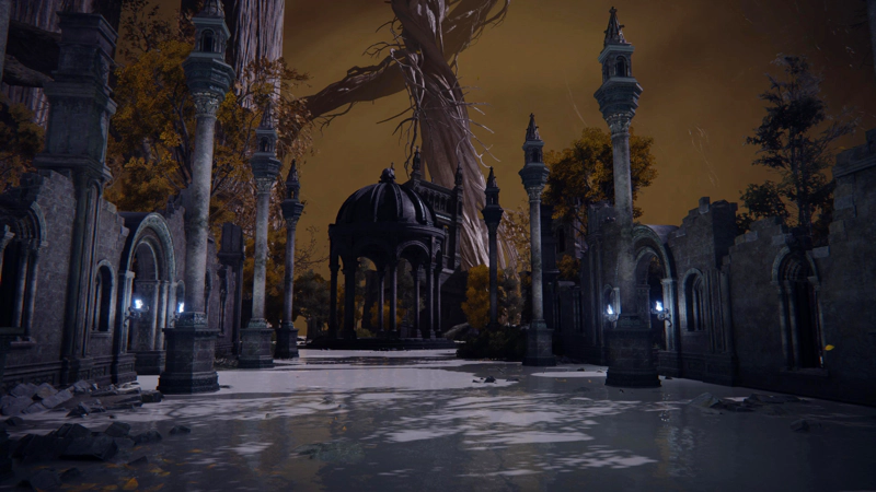 A grand ruined building, roofless and flooded with grey-blue water that reflects the brown sky. Slender stone pillars line the space, topped with spires. A dark-grey stone gazebo stands in the courtyard beyond.