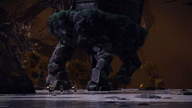 A walking mausoleum, stomping across a shallow grey-blue lake on four chunky stone legs. Headless mausoleum guards in glowing armour patrol the water's surface, and beyond, brown mist obscures the subterranean view.