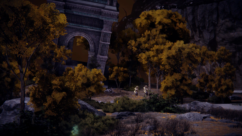 A view through golden-brown trees, across rock-strewn scrubland, towards a grey stone tower, tilted at a precarious angle. The scene is predominantly grey and variegated shades of brown.