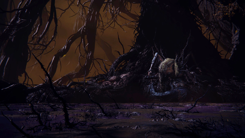 A purple-black swamp riven with jagged black tree roots, below a vast tree trunk. A divine corpse is embedded at the base of the trunk, its countenance somehow obscene, its upper body arched like a spider, its lower body scaled and finned like a fish.