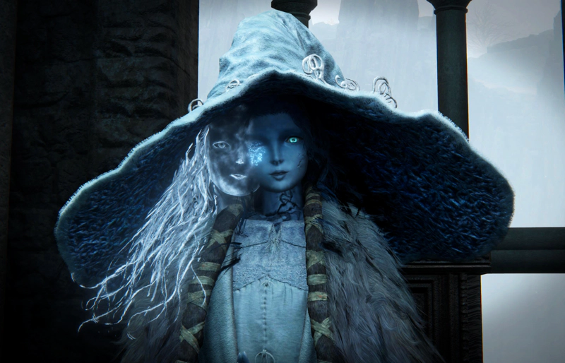 Ranni the Witch, her floppy blue hat raised so she can look you in the eye, entreating you to help. Her doll-like blue flesh is scarred down one side of her neck, and her right eye is obscured by the frosty afterimage a few inches to her right.