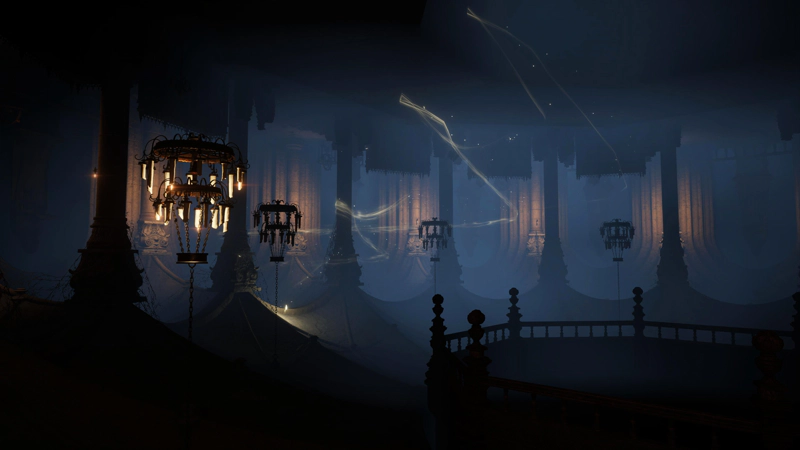 An inverted chamber in a Carian tower. Chandeliers hang upwards from the floor, and a vaulted ceiling has been flipped to form an inconveniently sloped floor. Between two pillars, a false shard of grace emits a jagged golden trail across the room, like smoke.
