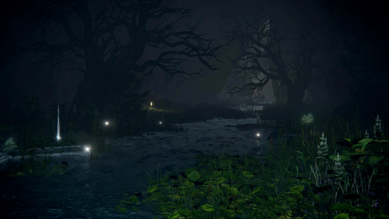 An underground river, scattered with stone coffins and leafless trees. There's plenty of greenery in the shallows and on the banks, and in the distance, stone-fleshed figures can be seen.