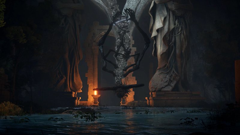A cosmic horror dangles from a cave ceiling between two large stone statues, above a shallow lake. The creature has multiple pairs of arms, and a vaguely humanoid face with a pair of large mandibles.