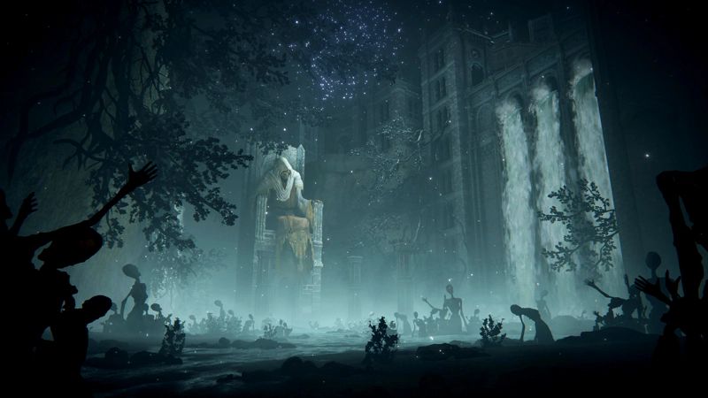 A giant corpse sitting on a towering throne beside three waterfalls. The cavern below is blue and waterstrewn, and silhouetted corpses rise to beseech their ruler.