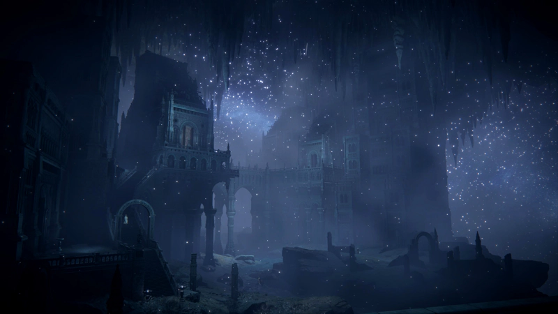 A subterranean city, drowned in blue mist. A river wends between two large structures, joined by an arched bridge, and a white-robed figure can be seen walking up a long flight of exterior stairs. Stalactites descend from the roof, and the air is thick with glimmering purple stars.