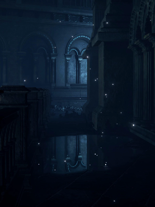 A balcony in a subterranean city, cast in shades of blue. The floor is wet, and reflects the detailed archwork on the side of the next building over.