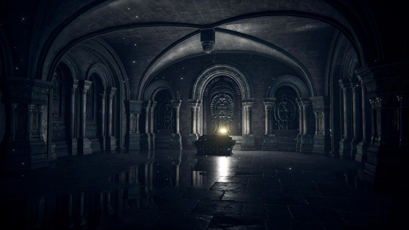 A ceremonial ark in an ornately decorated chamber with a vaulted ceiling. There are pools of water on the worn paving, reflecting the architecture of the room.