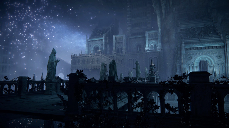 A bridge in a subterranean city, leading to a terraced structure beyond. The bridge is lined with robed statues, and the railings are bound with creeping vines, their leaves silhouetted against the purple light.