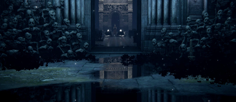 A doorway flanked by sculptures of screaming corpses, leading into a church-like room where a swordstress stands flanked by two silver mimics. There are puddles on the paving outside, reflecting the carvings of the interior.