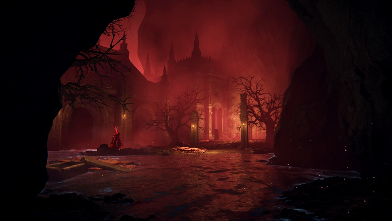 An underground cavern wreathed in crimson fog. A river runs across the floor, draining away at the far side of the room, past shattered pillars and bare-branched trees. A wolf-headed figure glowing with red light stands guard on the shore.