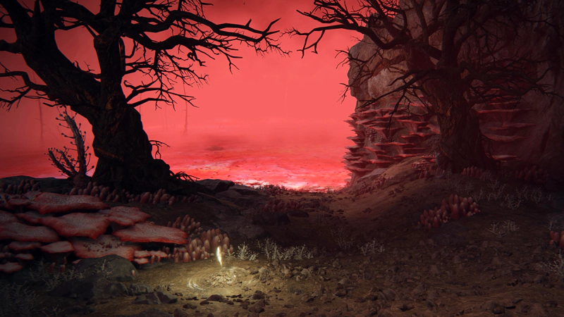 A shard of grace in a clearing on the shores of a vast lake of scarlet rot. The vegetation is warped and twisted, and the floor and cliff-face are lined with pink plates of coral.