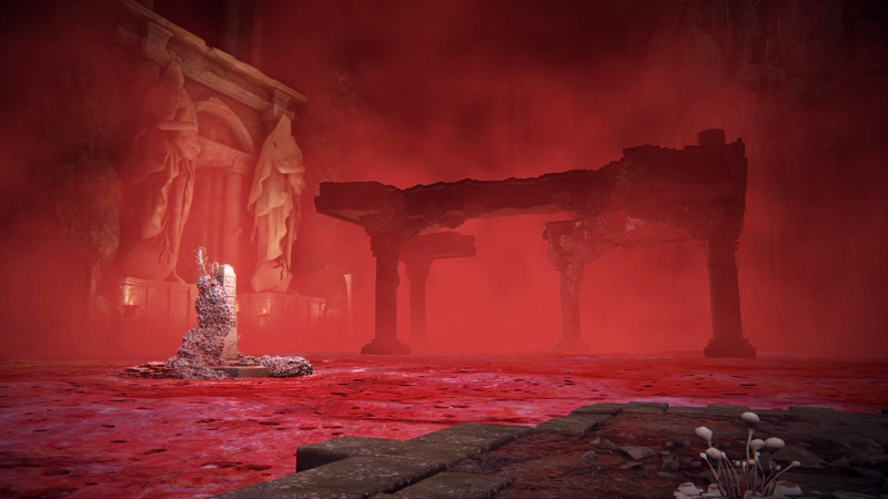 A view across the lake of rot from a small artificial island of grey stone bricks, towards a pair of robed statues fronting a temple structure. In front of the temple, a raised ceremonial pathway stands forty foot in the air, partially collapsed and obscured in red mist.