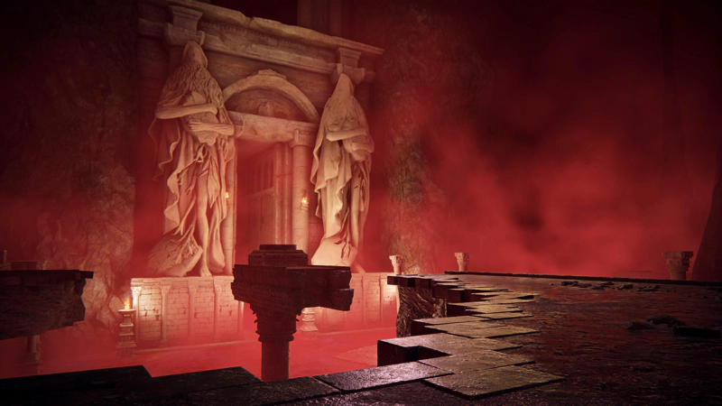A view of the temple from the ceremonial pathway above the lake of rot. The statues are weathered, but appear to be robed men with long beards holding something seed-like with long roots.