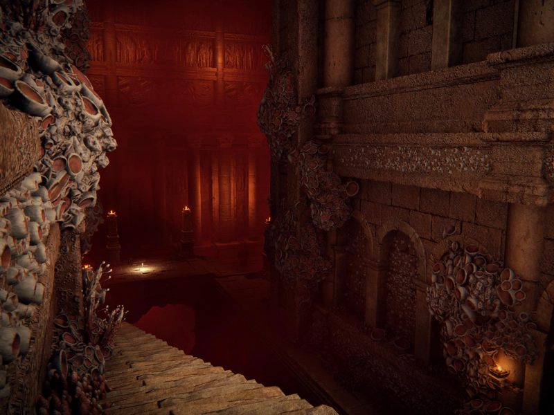 A treacherous open staircase down past a wall of blood-red barnacles, towards a shard of grace glowing in a temple interior, dimly-lit with red-orange sconces atop short pillars.