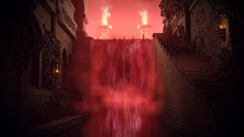A waterfall of scarlet rot, plunging down from the lake above, frothing into a red mist as it descends. To the left is a narrow ledge, to the right, an increasingly treacherous staircase leading up, both crowded by barnacle growth.