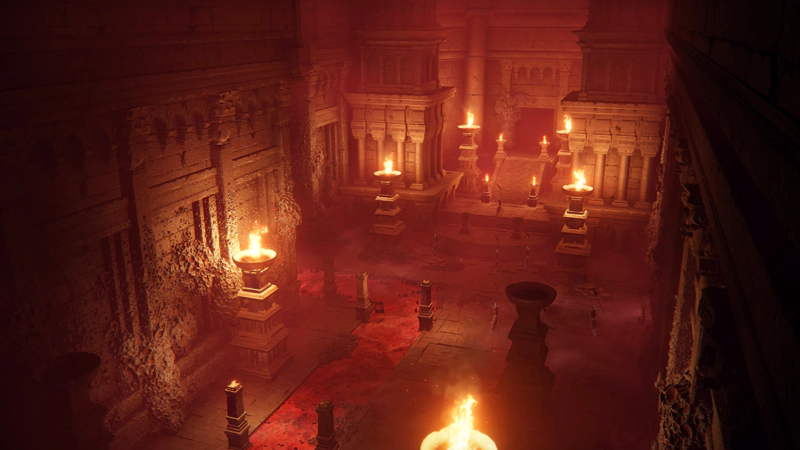 A barnacle-encruster temple, viewed from a high vantage point. Flaming red braziers atop square pillars light rows of insectoid priests with their arms flung wide in prayer towards an inner sanctum at the top of a set of processional stairs.