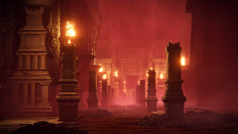A view towards the inner sanctum of the temple from ankle-deep in the canal of rot running slowly through the interior. Pillars line the edge of the canal, leading into the pink-red mist where the priests raise their spears into the air.