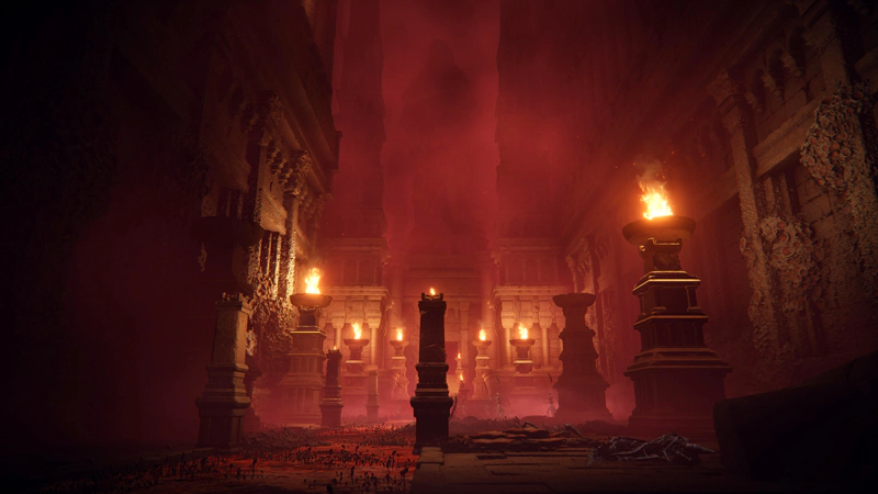 A view from the floor of the temple, looking up at a grand statue above the inner sanctum, barely visible amidst the fog rising from the rot waters. The corpses of two priests lie on the floor to the right, unnoticed by the rest of their kin, still rapt in worship.