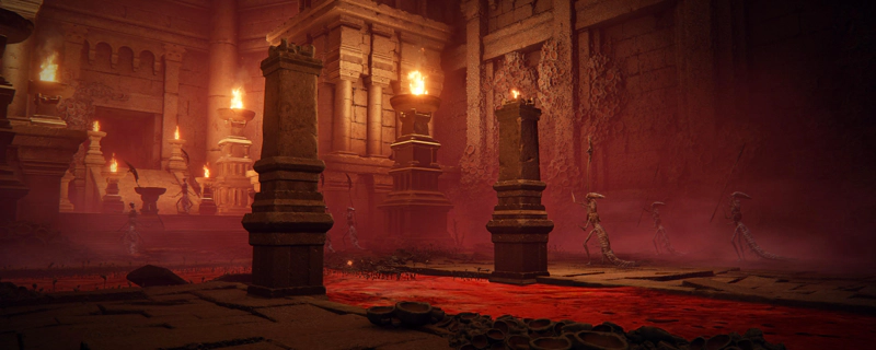 A wide shot of the insectoid priests worshipping towards the inner sanctum, amidst the red fog. The canal of rot wends leisurely from right to left across the scene.