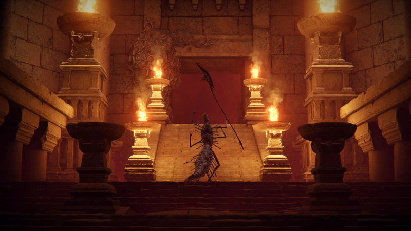 An insectoid high priest stands half-way up the temple stairs, their many arms raised in exultation. Large braziers stand to both sides, partially silhouetting the priest's figure and their jagged halberd.