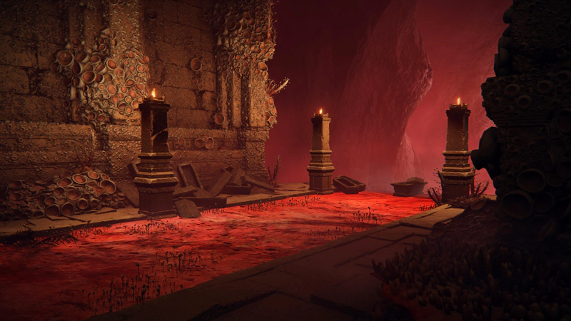 A canal of scarlet rot leading over a precipice. The walls are covered with barnacles, and stone coffins are piled haphazardly against the far bank. One coffin sits at the very top of the waterfall, ready to tip into the abyss.