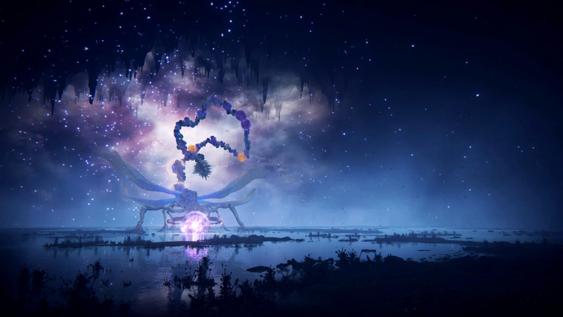A vast blue-purple cavern speckled with stars. At the far side, a terrifying insectoid cosmic horror gathers purple energy to attack. The energy is reflected in the shallow water below, amidst ripples and sparse grasses.