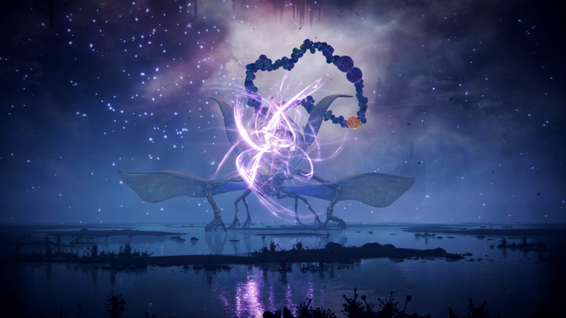 A cosmic horror gather arcs of neon purple energy, its long blue tail whipping over its head. All six of its hands are steepled against the ground, and both the hands and energy are reflected in the water below.