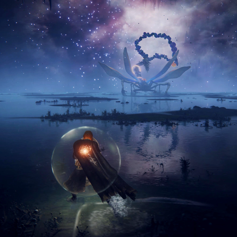 My red-haired confessor faces the cosmic horror across the shallow lake. She is sidestepping, her cloak partially obscured by a nacreous bubble and a glowing red spark, while her opponent stands ready, reflected in the deep.