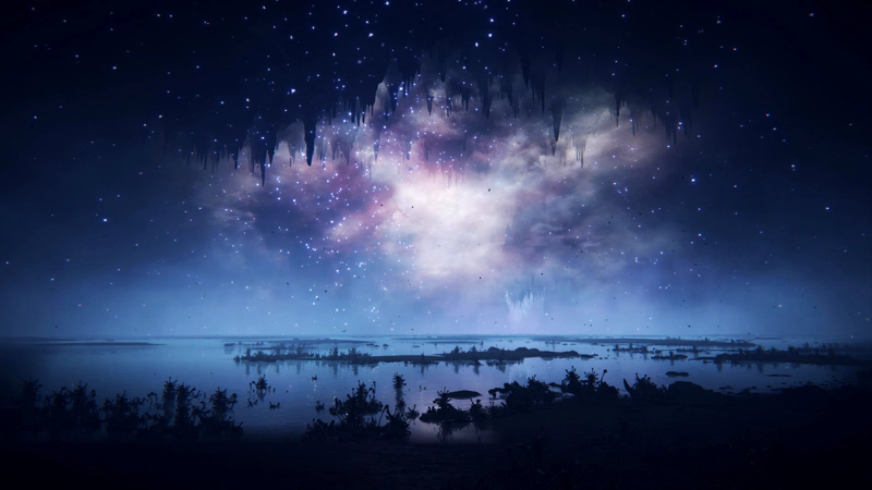 A beautiful, peaceful cavern of pinks, purples and blues. The shallow lake is no longer disturbed by a creature from the stars, and the surface is still and calm.
