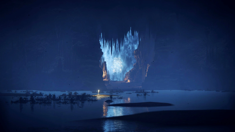 A shard of grace amidst a shallow lake. The rocky walls are shrouded in blue mist, and a clouded-blue magical wall - with a Carian seal glowing white at its centre - blocks passage onwards.