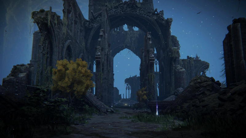 A ruined cathedral, overgrown and shattered. Purple wisps sit tucked into the ruins, and at the centre of the nave, a tiny spark of grace casts out a single arc of golden light.