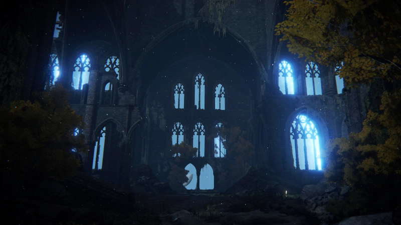 One end of the cathedral, still standing and replete with arches within arches, containing ornate arched windows. Outside, blue streak of starlight can be seen reaching earth.