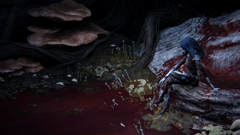 Ranni's unclothed doll, four-armed, blue-haired, sits lifeless in the dark beneath the cathedral, on the corpse of her Two Fingers. She is covered in its blood, which pools into a lake at her feet.