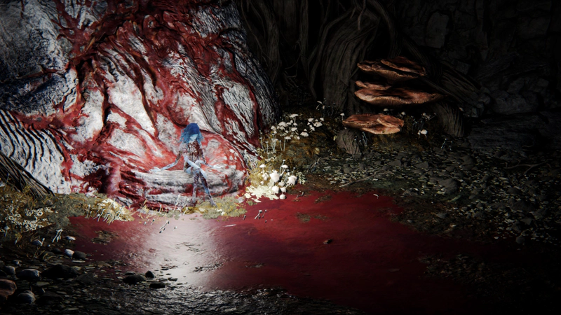 Ranni's unclothed doll sits motionless at the corpse of her Two Fingers. Its blood pools across the room, and a light shining from behind her reflects crimson in its flow.