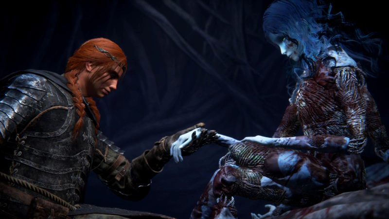My confessor - red hair braided and wearing an iron circlet - kneels before Ranni's blood-drenched doll, and takes one of her blue hands, head bowed in the dark.