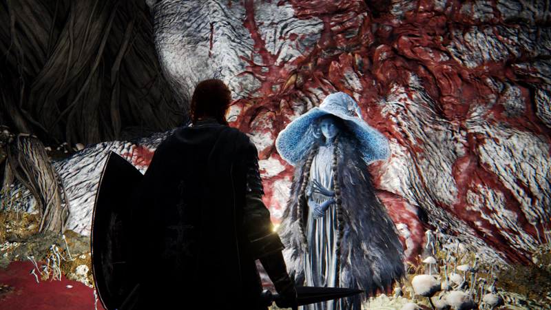 My confessor stands silhouetted before a vision of Ranni returned to her previous aspect, her blue porcelain doll body robed in a fur cloak and wearing her floppy blue hat. Her hands are steepled, and she is smiling. In the background, blood courses down the body of the slain Two Fingers.