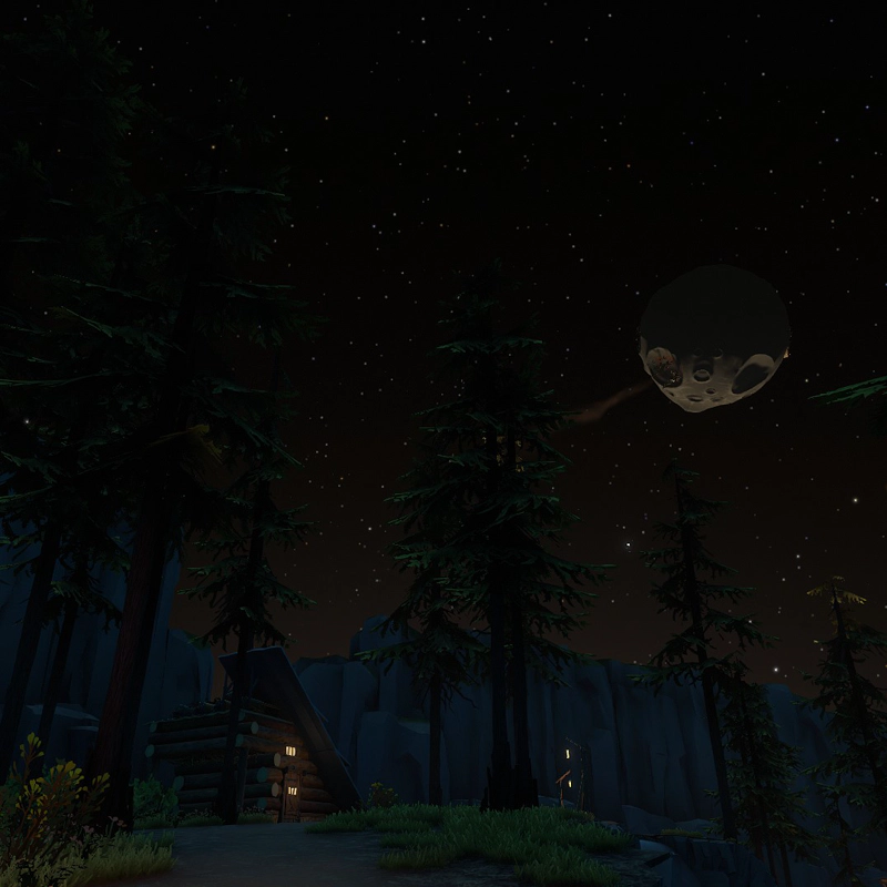 A cosy log cabin amongst pine trees. A many-cratered moon hangs in the sky, and a wisp of smoke wafts up from its surface