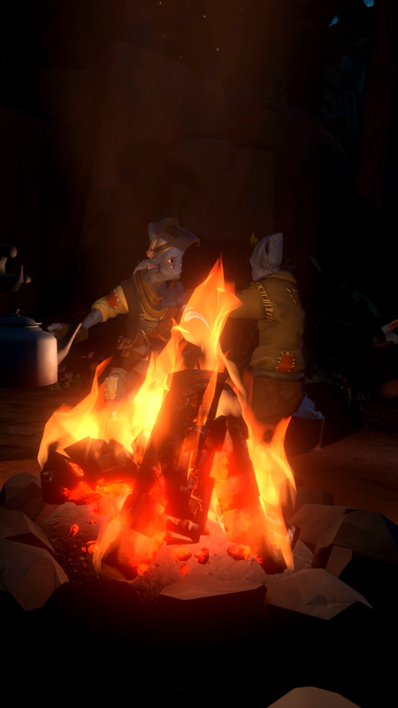 Two blue-skinned, four-eyed Hearthians hug on the other side of a roaring campfire.