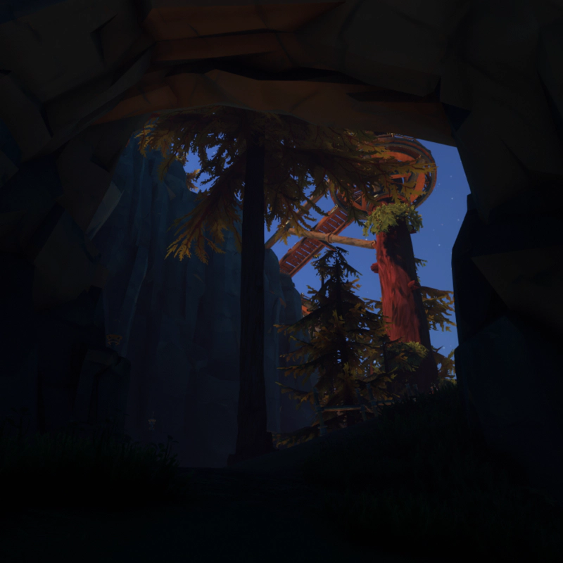 A view through a stone arch towards pine trees and a wooden village beyond.