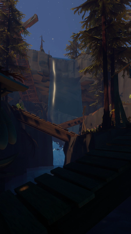 A stylised waterfall, crossed by wooden bridges.
