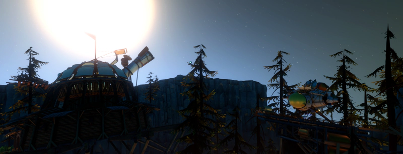 A panorama of an observatory and a spaceship launch pad, as the sun comes up.