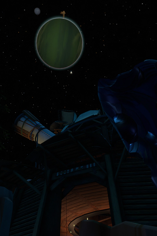 A close-up of a wooden observatory, with a telescope pointed skywards. A large green gas giant fills the sky above.