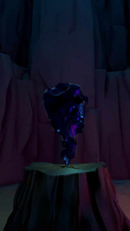 A strange purple-blue rock, standing on its narrowest point on an old tree stump. Its surface is pitted and whorled.